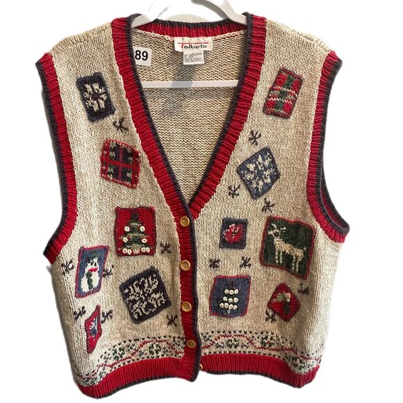 Talbots Vintage Christmas Knit Vest Fair Isle XL Snowflake Deer Tree Button Up - Picture 1 of 13